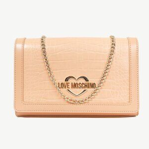 Love Moschino Beige Crocodile-Embossed Vegan Leather Flap Bag